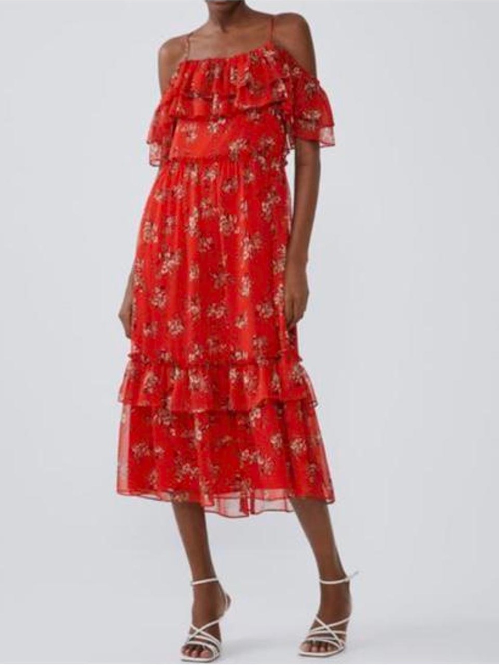 Zara Red Floral Ruffle-Trim Midi Dress